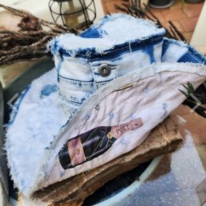 Top Hat Upcycled Distressed Denim Designer Stovepipe Hat Victorian Shabbychic